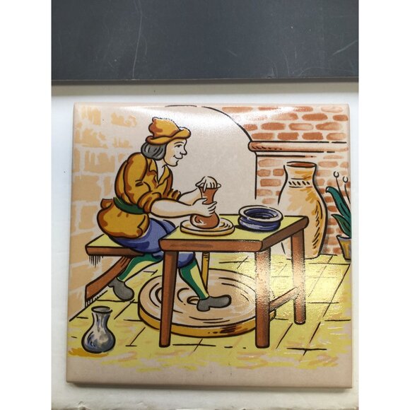 Vintage European Folk Art Tile Wall Plaque Hand Painted Home Decor 4.5''x4.5'' - Picture 9 of 11
